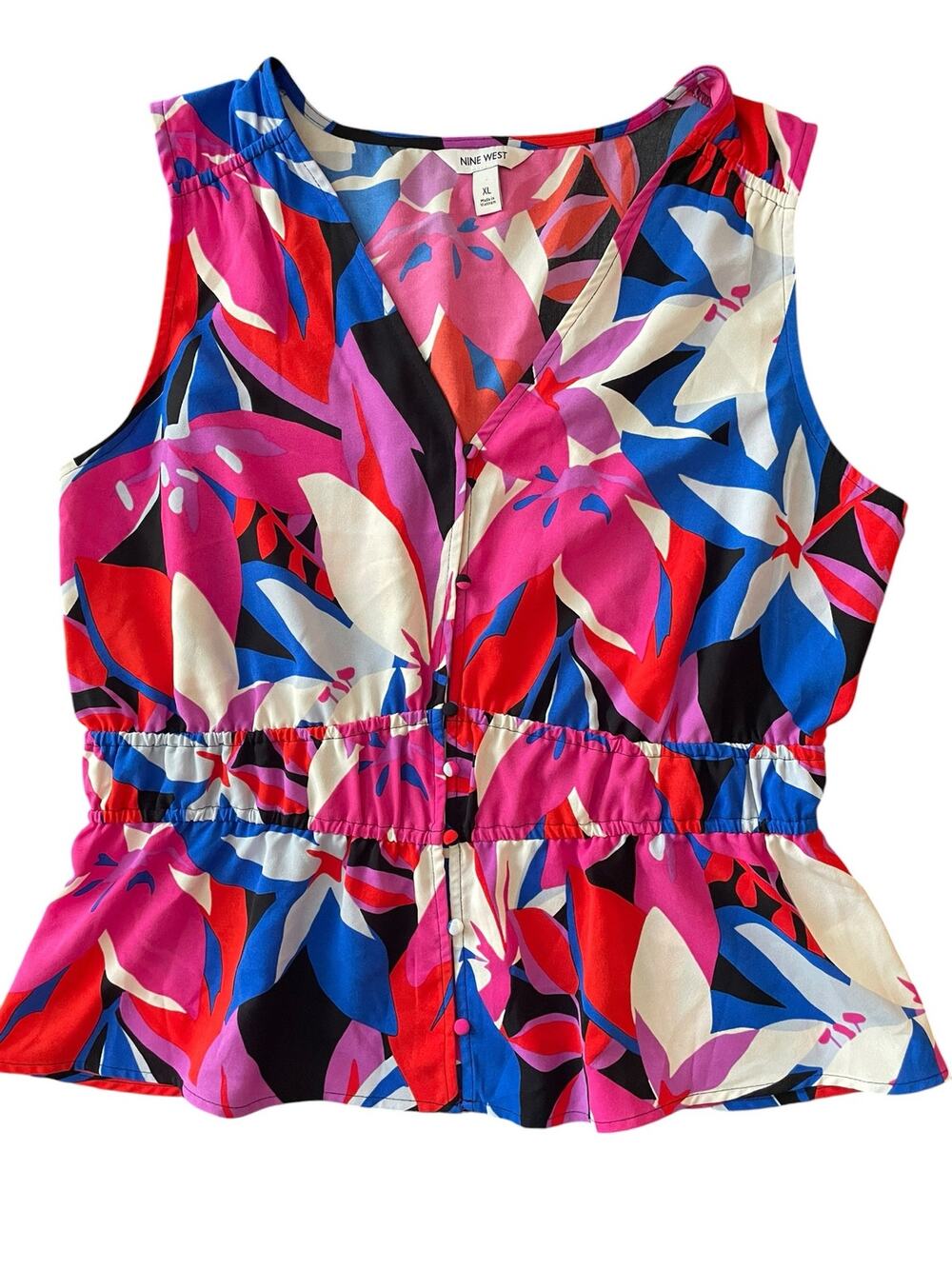 Nine West Floral Sleeveless Peplum Top V-Neck Button Front XL EUC